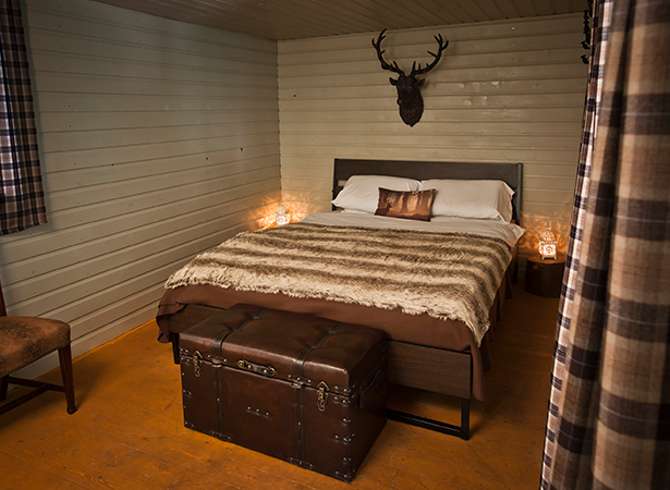 Inside shot of a bed with a stags head above it